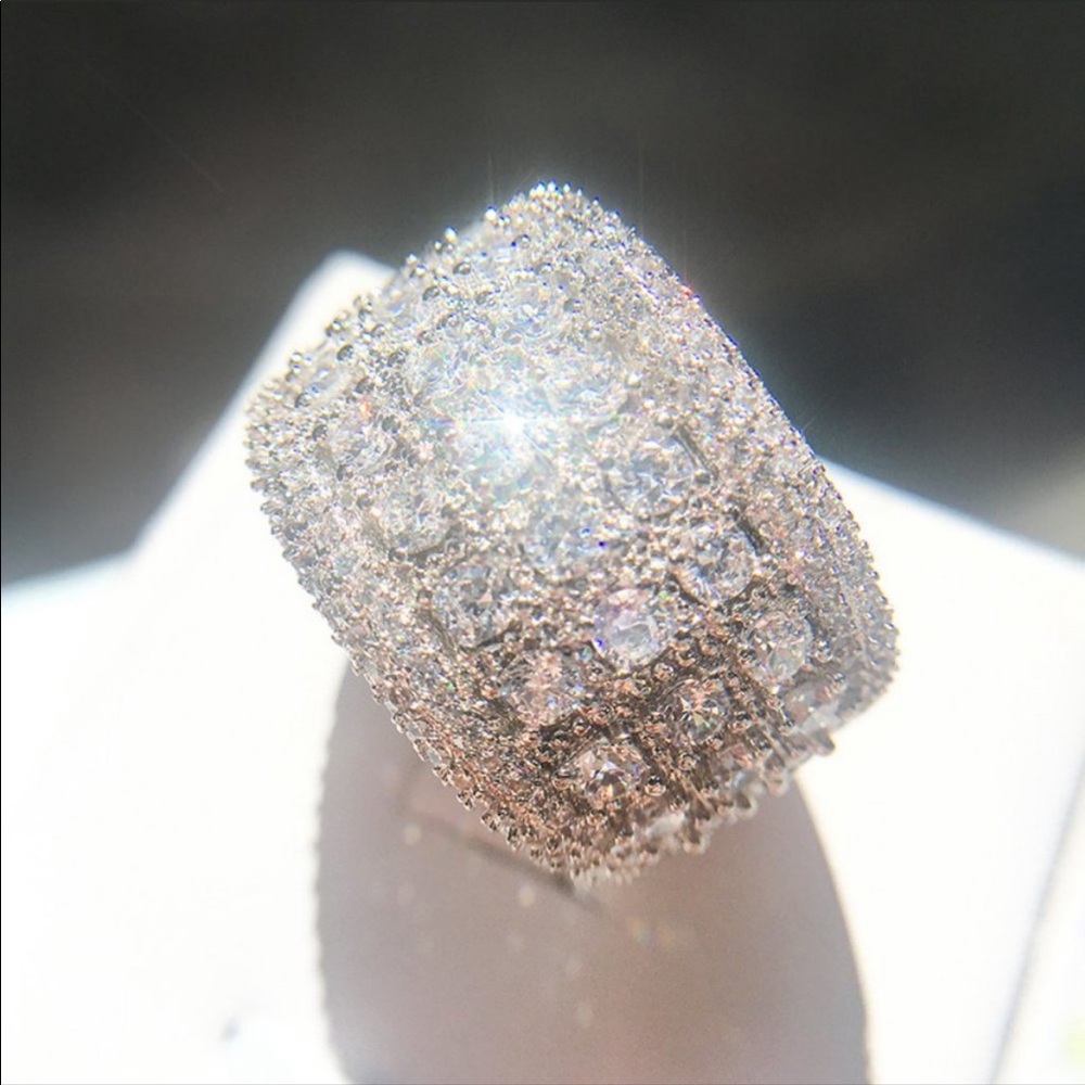 💍NEW Silver Round Diamond Pave Wide Band Ring - Picture 2 of 9